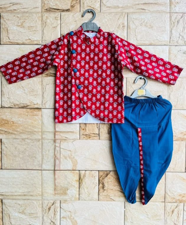 Tripura Magenta Jacket Kurta Blue Dhoti set